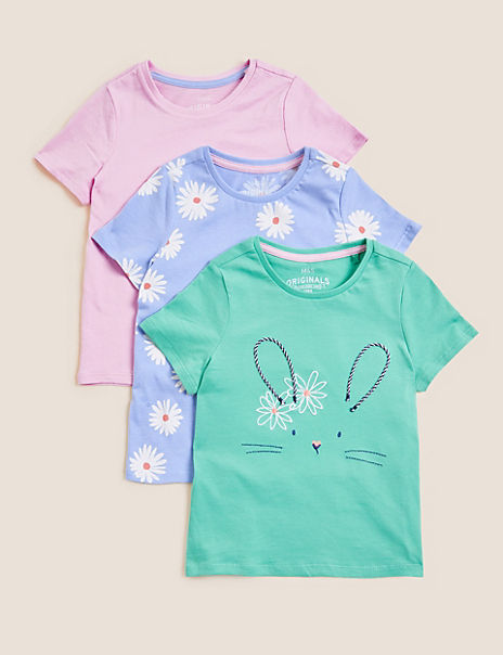 Product Let them play in style and comfort with this three pack of pure cotton t-shirts. Regular fit with a round neck and short sleeves for a classic look. Includes one plain t-shirt, one with a fresh floral print, and the other with a cute bunny face. We only ever use responsibly sourced cotton for our clothes.