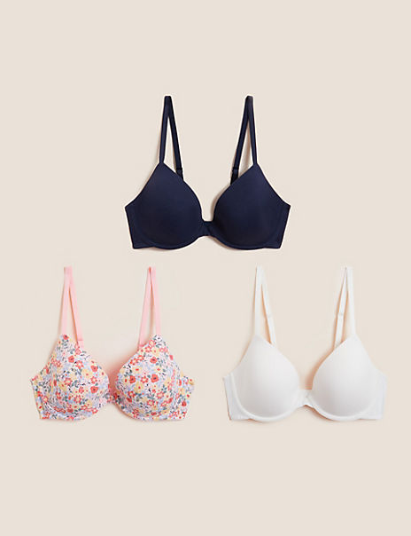 Product These cotton-rich bras are so versatile, we thought you'd want a pack of three. Their plunge t-shirt shape is ideal for everyday wear and comes with underwiring for exceptional support. We only ever use responsibly sourced cotton for our clothes. M&S Collection: versatile styles in modern shapes with unique and playful details.
