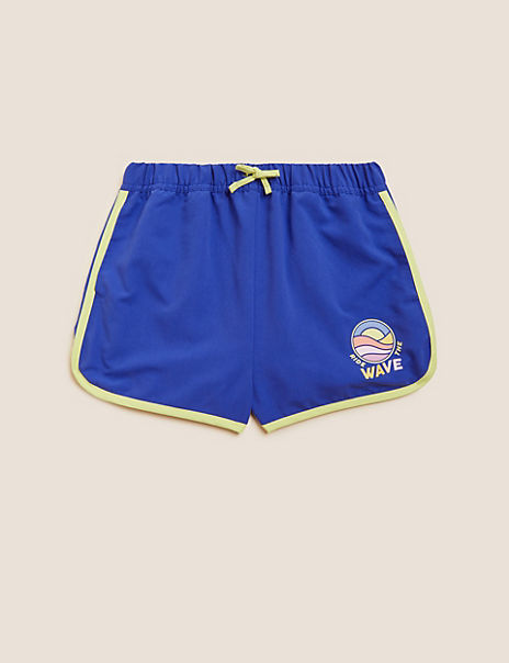 Product Let them splash around in style in these classic swim shorts. Comfy regular fit , with a contrast drawstring at the waist. Design features a badge with the slogan 'Ride the Wave' along with a sporty contrast trim. Chlorine-resistant fabric resists sagging, while Sun Smart UPF50+ offers extra protection. Endorsed by the British Skin Foundation. Made with recycled polyester.